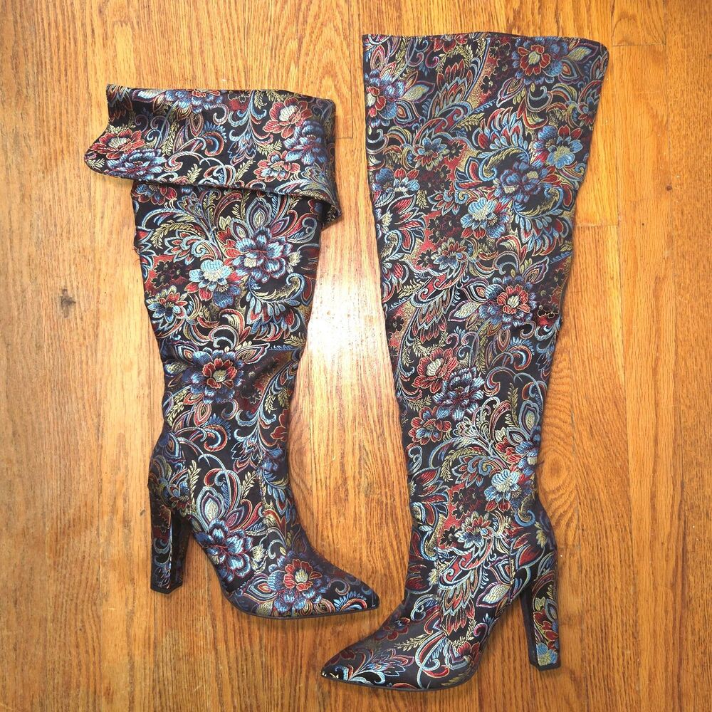 Rouge Madam-48S Floral Brocade Thigh High Boots Size 11 NWOB Y2K
